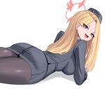  1girl absurdres ass black_hat blonde_hair blue_archive blue_eyes breasts collared_shirt dndosld73832 fang gloves hair_down halo hat highres large_breasts long_hair long_sleeves looking_at_viewer multicolored_hair official_alternate_costume official_alternate_hairstyle open_mouth pantyhose pina_(blue_archive) pina_(guide)_(blue_archive) red_hair red_halo shirt skin_fang skirt smile solo streaked_hair white_gloves 