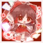  1girl absurdres ascot black_hair bow chibi detached_sleeves frilled_bow frilled_hair_tubes frills gohei hair_bow hair_tubes hakurei_reimu highres inukkomaru open_mouth red_bow red_eyes red_skirt ribbon-trimmed_sleeves ribbon_trim skirt skirt_set solo touhou yellow_ascot 