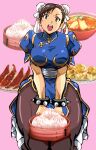  1girl blue_dress boots bowl bracelet breasts brown_eyes brown_hair brown_pantyhose bun_cover china_dress chinese_clothes chinese_food chun-li clothes_lift commentary_request double_bun dress food food_request gold_trim hair_bun jewelry kamisimo_90 looking_at_viewer medium_breasts open_mouth pantyhose pelvic_curtain pink_background plate puffy_sleeves sash seiza sitting smile solo soup spiked_bracelet spikes street_fighter thighs 