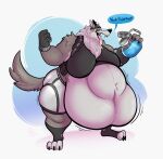 2023 anthro awoogasm belly big_belly canid canine canis clothed clothing digital_media_(artwork) epic_games fortnite fur headgear hi_res holding_object male mammal moobs morbidly_obese navel obese open_mouth overweight overweight_male sagging_stomach shield_potion simple_background solo tail thick_thighs tongue wendell_(fortnite) wolf