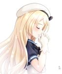  1girl artist_name blonde_hair blue_sailor_collar blush closed_eyes dated dress from_side gloves hat jervis_(kancolle) kantai_collection long_hair open_mouth sailor_collar sailor_dress sailor_hat short_sleeves signature simple_background solo tk8d32 upper_body white_background white_dress white_gloves white_headwear 