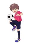 1boy amanokawa_hiro archived_source ball black_shorts black_socks blue_footwear brown_hair cerezo_osaka cleats clenched_hand clothes_writing diagonal-striped_shirt digimon digimon_ghost_game green_eyes highres kneehighs leg_up looking_at_viewer multicolored_footwear official_art pink_shirt print_footwear purple_footwear scar scar_on_ear shirt shorts simple_background smile soccer_ball soccer_uniform socks solo sportswear star_(symbol) star_print tongue transparent_background white_footwear 