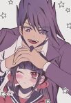  1boy 1girl black_sailor_collar blunt_bangs blush brown_hair danganronpa_(series) danganronpa_v3:_killing_harmony facial_hair goatee hair_ornament hair_scrunchie hands_on_another&#039;s_head harukawa_maki highres jacket long_hair long_sleeves low_twintails male_focus mole mole_under_eye momota_kaito one_eye_closed open_mouth red_eyes red_scrunchie red_shirt sailor_collar satori_(aosky9077) scrunchie shirt short_hair spiked_hair twintails white_shirt 