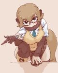  1girl animal_ears black-framed_eyewear blush breasts brown_hair fur_trim glasses kemono_friends large_breasts layered_sleeves long_sleeves looking_at_viewer maki_(02uh14l1b740ao2) meerkat_(kemono_friends) meerkat_(kemono_friends)_(old_design) meerkat_ears meerkat_tail miniskirt necktie pleated_skirt short_over_long_sleeves short_sleeves simple_background skirt solo sweater_vest tail thick_thighs thighhighs thighs 