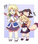 ?! accessory alternate_species ankle_socks anthro apron arm_warmers armwear bangs black_bottomwear black_clothing black_headwear black_shirt black_skirt black_topwear black_vest blonde_hair bottomwear bow_ribbon braided_hair brown_clothing brown_shirt brown_tail brown_topwear canid canine clothing cookie_(touhou) daikon duo ears_through_headwear eyes_closed fangs female female/female flat_chested food footwear fox frilly frilly_apron frilly_clothing full-length_portrait furrification green_eyes hair hair_accessory hair_bow hair_ribbon hat hat_bow headgear headwear inabahitomi inner_ear_fluff joker_(cookie) lagomorph leporid loose_socks mammal marisa_kirisame open_mouth parsee_mizuhashi parted_bangs pawpads plant portrait rabbit radish red_bow ribbons shirt short_hair short_sleeves side_braid single_braid skirt smile socks star_(symbol) surprise suzu_(cookie) tail teeth topwear touhou tuft undershirt vegetable vest waist_apron white_apron white_bow white_clothing white_footwear white_socks witch_hat