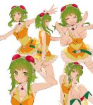  1girl belt bridal_garter closed_eyes double_v goggles goggles_on_head green_eyes green_hair gumi headset highres looking_up multiple_views open_mouth outstretched_arms short_hair_with_long_locks sitting skirt smile torino_sasami v vest vocaloid wrist_cuffs 