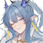  1girl ;d arknights blue_hair chinese_commentary close-up commentary_request dragon_girl dragon_horns earrings horns jewelry ling_(arknights) long_hair looking_at_viewer one_eye_closed pink_eyes pointy_ears portrait shishan979_(seleneebai) simple_background sketch smile solo white_background 