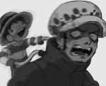  2boys artist_name blurry close-up coat collared_coat english_commentary greyscale hat m0kaccinoh male_focus monkey_d._luffy monochrome multiple_boys one_piece open_mouth panicking short_hair sideburns simple_background straw_hat teeth trafalgar_law upper_body upper_teeth_only 