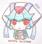  1girl armor blush chibi coffee cup forehead_jewel green_hair highres holding holding_cup long_hair looking_at_viewer mega_man_(series) mega_man_zx model_w_(mega_man) pandora_(mega_man) power_armor red_eyes simple_background sketch solo takaramono traditional_media upper_body white_armor white_background 