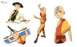  1boy aang artist_name avatar:_the_last_airbender avatar_legends child closed_mouth commentary dougi english_commentary full_body hat looking_at_viewer male_focus multiple_views open_mouth pants parimak94 simple_background sitting smile white_background 