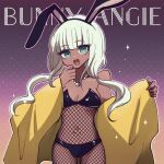  1girl :d alternate_costume animal_ears bangs bare_shoulders blunt_bangs breasts cleavage collarbone cowboy_shot danganronpa_(series) danganronpa_v3:_killing_harmony dark-skinned_female dark_skin fake_animal_ears fishnets gradient gradient_background grey_eyes grey_hair hands_up jacket jewelry long_hair medium_breasts mikao_(eanv5385) navel navel_piercing necklace open_mouth orange_jacket piercing playboy_bunny rabbit_ears shell_necklace smile solo yonaga_angie 