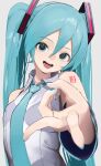  1girl blue_eyes collared_shirt detached_sleeves gyaru_v hair_ornament hatsune_miku highres koko_niiru long_hair long_sleeves looking_at_viewer nail_polish necktie open_mouth shirt sleeveless sleeveless_shirt smile solo twintails upper_body v vocaloid 