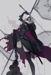  1girl ahoge armor armored_dress banner black_cape black_dress black_thighhighs breasts cape dress fate/grand_order fate_(series) faulds flag fur-trimmed_cape fur_trim gauntlets headpiece highres holding holding_flag jeanne_d&#039;arc_alter_(avenger)_(fate) jeanne_d&#039;arc_alter_(avenger)_(first_ascension)_(fate) jeanne_d&#039;arc_alter_(fate) large_breasts looking_at_viewer nakamura_(wmfp3834) plackart short_hair smile solo standard_bearer sword thighhighs torn_cape torn_clothes weapon white_flag white_hair yellow_eyes 
