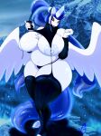 anthro areola big_breasts biped blueondrive breasts chest_tuft clothing equid equine eyelashes female fur hair hi_res huge_breasts legwear mammal mythological_creature mythological_equine mythology navel nipples open_mouth panties pegasus pupils solo thick_thighs thigh_highs tuft underwear white_body white_fur wings