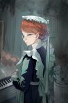  1girl birdcage black_dress braid brown_hair cage column dress glasses grey_background indoors instrument long_sleeves looking_at_viewer looking_back maid original piano pillar short_hair solo standing unfinished xiaoming_(pixiv_19522187) 