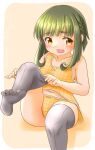  1girl bob_cut braid brown_eyes camisole commentary_request feet_out_of_frame green_hair grey_thighhighs kantai_collection one-hour_drawing_challenge panties ray.s short_hair short_hair_with_long_locks sidelocks sitting solo takanami_(kancolle) thighhighs underwear underwear_only yellow_camisole yellow_panties 