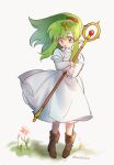 1girl artist_name boots brown_footwear commentary_request dress fire_emblem fire_emblem:_mystery_of_the_emblem full_body green_eyes green_hair highres holding holding_staff long_hair mage_staff open_mouth raisin2626 simple_background solo staff standing tiki_(fire_emblem) tiki_(young)_(fire_emblem) twitter_username white_background white_dress 