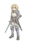  1girl armor black_souls blonde_hair blue_eyes boots brown_footwear closed_mouth dress gauntlets hair_intakes hairband highres holding holding_sword holding_weapon jeanne_(black_souls) jewelry knee_guards long_hair looking_at_viewer necklace pauldrons rabbit_king sheath shin_guards shoulder_armor sidelocks smile solo sword weapon white_dress white_hairband 
