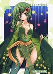  breasts bridal_gauntlets cape circlet collarbone earrings elbow_gloves final_fantasy final_fantasy_iv gem gloves green_eyes green_gloves green_hair green_legwear green_nails highres jewelry long_hair nail_polish polka_dot rydia small_breasts smile solo star star_earrings star_print thighhighs yukiwo 