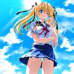  blonde_hair blue_eyes celes_alford day game_cg hair_ribbon highres long_hair natsumegu non-web_source one_eye_closed panties pantyshot ribbon school_uniform skirt sky solo striped striped_panties sun tsukasa_yuuki twintails underwear upskirt 