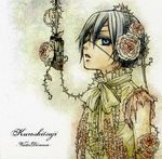  artist_request black_hair blue_eyes blue_hair ciel_phantomhive dress_shirt eyepatch flower frills highres kuroshitsuji lace male_focus pink_flower pink_rose ribbon rose shirt solo thorns 