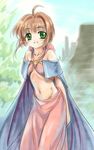  1girl ahoge bare_shoulders belly_dancer brown_hair cape card_captor_sakura child cosplay green_eyes highres kinomoto_sakura maze_bakunetsu_jikuu midriff mill_varna mill_varna_(cosplay) moonknives mutsuki_(moonknives) navel seiyuu_connection short_hair smile solo tange_sakura 