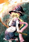  blonde_hair blush broom hat kirisame_marisa long_hair scarf solo sukage touhou witch_hat yellow_eyes 