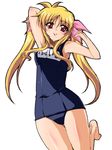  barefoot blonde_hair fate_testarossa long_hair lyrical_nanoha mahou_shoujo_lyrical_nanoha one-piece_swimsuit red_eyes school_swimsuit solo swimsuit tsukishiro_kou twintails 