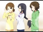  alternate_hairstyle black_hair braid brown_eyes brown_hair face hair_down hairdressing hirasawa_ui hood hoodie ikari_manatsu k-on! long_hair messy_hair multiple_girls nakano_azusa ponytail short_hair sleepwear suzuki_jun 