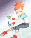  belt broken_heart_print card denim digimon digimon_tamers holding holding_card jeans makino_ruki orange_hair pants ponytail purple_eyes raglan_sleeves short_messy_bangs socks solo strap thigh_strap uni wristband 