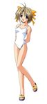  akino_takehiko blue_eyes bow brown_hair highres katase_yuki mizuiro one-piece_swimsuit short_hair solo swimsuit yellow_bow 