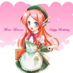  apron aqua_eyes beret detached_sleeves hair_ornament hairclip happy_birthday hat headphones hozumy long_hair menu momone_momo red_hair robot_ears smile solo utau 