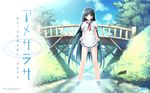  amesarasa black_hair bridge chiyokawa_rin cloud day dress green_eyes highres kantoku legs long_hair sailor_dress school_uniform serafuku shoes shoes_removed skirt skirt_hold sky solo stream tree umbrella very_long_hair wading wallpaper water 