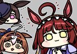  3girls @_@ ahoge animal_ears blunt_bangs blush blush_stickers commentary ear_ornament ear_ribbon ears_down frilled_hairband frills grey_background hair_over_one_eye hairband hat horse_ears horse_girl huge_ahoge jazz_jack looking_at_viewer meisho_doto_(umamusume) multiple_girls outline own_hands_clasped own_hands_together pink_hairband puffy_short_sleeves puffy_sleeves purple_eyes purple_hat red_desire_(umamusume) red_hair red_hairband rice_shower_(umamusume) ringed_eyes sailor_collar school_uniform short_sleeves solid_eyes swept_bangs tilted_headwear tracen_school_uniform trait_connection umamusume white_sailor_collar wide_face yellow_eyes 