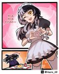  1girl ;d absurdres alternate_costume apron aroused_nosebleed black_dress black_hair blood dress enmaided food grey_hair haaro heart heart_hands highres hololive hololive_english ketchup ketchup_bottle looking_at_viewer maid maid_headdress moe_moe_kyun! multicolored_hair nosebleed novelites_(shiori_novella) omelet omurice one_eye_closed shiori_novella smile split-color_hair table thighhighs two-tone_hair virtual_youtuber white_apron white_thighhighs yellow_eyes 
