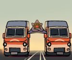  commentary crossed_arms jazz_jack jean-claude_van_damme mega_starmie motor_vehicle no_humans outdoors pokemon pokemon_(creature) road shadow split starmie the_epic_split truck volvo 