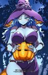  1girl blue_eyes blue_hair blue_skin breasts closed_mouth colored_skin cracked_skin doll_joints dress elden_ring english_text extra_arms extra_faces fujioka_yatsufusa halloween halloween_costume hat highres holding jack-o'-lantern joints large_hat long_hair looking_at_viewer moon night night_sky one_eye_closed pumpkin purple_hat ranni_the_witch sky solo subtitled tarnished_(elden_ring) white_hat witch witch_hat 