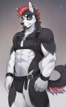 abs anthro athletic biceps black_body black_claws black_clothing black_fur black_hair black_harness black_jewelry black_jockstrap black_underwear brown_eyes buckle canid canine canis claws clothed clothing cuff_(restraint) curled_tail david_morston domestic_dog ear_piercing facial_piercing finger_claws fur grey_body grey_fur hair harness hi_res highlights_(coloring) husky industrial_piercing jewelry jockstrap leather leather_clothing leather_harness leather_jockstrap leather_underwear lip_piercing looking_at_viewer male mammal mohawk mostly_nude multicolored_body multicolored_fur navel nordic_sled_dog partially_clothed pecs piercing pose red_hair restraints sebastian_the_husky silver_(metal) silver_jewelry simple_background snakebite_piercing solo spitz standing straps tail thick_thighs underwear white_body white_fur wrist_cuffs