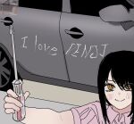  1girl aze_chainsawman black_hair car chainsaw_man closed_mouth denji_(chainsaw_man) grey_car holding holding_screwdriver light_blush looking_at_viewer motor_vehicle nayuta_(chainsaw_man) pink_shirt reference_inset ringed_eyes screwdriver shirt smile solo yellow_eyes 