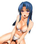  1girl a1 absurdres assertive bikini bikini_aside blue_hair blush breasts cleavage clothed_sex cowgirl_position front-tie_top girl_on_top hetero highres kawashima_ami licking_lips long_hair medium_breasts non-web_source pov pubic_hair purple_eyes sex side-tie_bikini solo_focus straddling swimsuit swimsuit_aside tongue tongue_out toradora! 