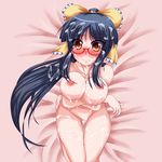  alternate_hairstyle bespectacled black_hair blush bow breast_lift breasts brown_eyes cum cum_on_body glasses hair_bow houraisan_kaguya ikue_fuuji large_breasts long_hair nude ponytail solo touhou 