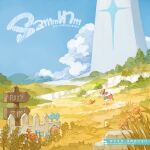  1girl album_cover ann_(stella_sora) bird blue_bird blue_sky bonnet chasing cloud cover day fence game_cg highres low_ponytail monolith_(object) non-web_source official_art orange_bird orange_hair outdoors ponytail sign sky solo stella_sora tail very_wide_shot wooden_fence yellow_bird yellow_bonnet 