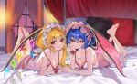  2girls barefoot bat_wings blonde_hair blue_hair breasts cleavage commission crystal_wings dress flandre_scarlet frilled_hairband frills grin hairband indoors looking_at_viewer lying medium_breasts multiple_girls nightgown on_bed on_stomach red_eyes remilia_scarlet short_hair shuri_(84k) siblings side_ponytail sisters smile touhou white_dress wings 