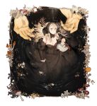  1girl bags_under_eyes black_dress black_hood black_sleeves blonde_hair border breasts character_doll chinese_commentary claws cleavage commentary_request detached_hood detached_sleeves doll dress dungeon_meshi falin_touden falin_touden_(chimera) flower full_body fur-trimmed_sleeves fur_trim green_eyes hands_in_another&#039;s_hair highres holding holding_doll long_hair long_sleeves looking_up marcille_donato marcille_donato_(lord) medium_breasts mushroom parted_lips puffy_detached_sleeves puffy_sleeves ripples sleeves_past_wrists solo_focus spoilers starshadowmagician strapless strapless_dress water white_flower winged_lion_(dungeon_meshi) 