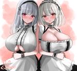  2girls anchor_choker apron azur_lane black_hairband blush breasts center_frills choker cleavage clothing_cutout commentary_request dido_(azur_lane) dress frilled_choker frills grey_hair hairband highres hisin huge_breasts lace-trimmed_hairband lace_trim long_hair looking_at_viewer medium_hair multiple_girls puffy_short_sleeves puffy_sleeves red_eyes short_sleeves shoulder-to-shoulder siblings sirius_(azur_lane) sisters sleeveless sleeveless_dress underboob underboob_cutout waist_apron white_apron white_hair 