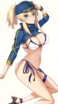  1girl ahoge akatsuki_ikki artoria_pendragon_(all) baseball_cap bikini blonde_hair blue_eyes breasts cleavage commentary_request fate/grand_order fate_(series) hat highres large_breasts long_hair looking_at_viewer mysterious_heroine_xx_(foreigner) navel ponytail shrug_(clothing) side-tie_bikini smile solo swimsuit white_bikini yellow_background 