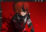 1boy armband art_program_in_frame belt black_hair black_jacket blood blood_on_face blood_spray buttons chinese_commentary commentary_request gakuran hair_between_eyes highres jacket last_defense_academy_school_uniform long_sleeves male_focus multicolored_hair murnal. official_alternate_eye_color procreate_(medium) procreate_(software) red_background red_eyes red_hair school_uniform short_hair solo spoilers streaked_hair sumino_takumi the_hundred_line_-last_defense_academy- tsurime two-tone_hair upper_body white_armband white_belt 