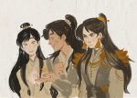  3boys black_hair bracer braid brown_eyes brown_hanfu bug butterfly chinese_clothes chinese_hairpin closed_mouth dimple earrings erha_he_ta_de_bai_mao_shizun frown glaring gold_earrings hair_ornament high_ponytail highres jewelry long_hair long_sleeves male_focus mo_ran mole mole_under_eye multiple_boys open_mouth ponytail ribboned_xiao_guan russian_commentary shi_mei side_braid sketch smile upper_body warm_colored white_background xue_meng yaoi yaroslava_murashko yellow_butterfly yellow_eyes 