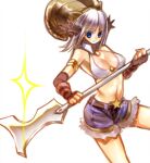 1girl axe belt belt_buckle bikini bikini_top_only blue_eyes blue_shorts breasts brown_belt brown_gloves brown_horns buckle cleavage closed_mouth commentary_request cowboy_shot curled_horns elbow_gloves fake_horns fingerless_gloves fur-trimmed_shorts fur_trim glint gloves holding holding_axe horns looking_at_viewer lowres medium_breasts medium_hair midriff navel ragnarok_online riuhi short_shorts shorts simple_background smile solo star_(symbol) swimsuit white_background white_bikini whitesmith_(ragnarok_online) 