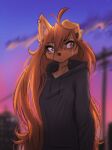 2025 3:4 anthro apogee_(tinygaypirate) biped blurred_background bodily_fluids brown_eyes brown_hair canid canine canis city clothed clothed_anthro clothed_female clothing cloud crying detailed_background digital_drawing_(artwork) digital_media_(artwork) domestic_dog ear_piercing female front_view fur gauged_ear hair hi_res hoodie inner_ear_fluff long_hair looking_aside mammal neck_tattoo outside piercing sky solo sunset tan_body tan_fur tattoo tears tinygaypirate topwear tuft